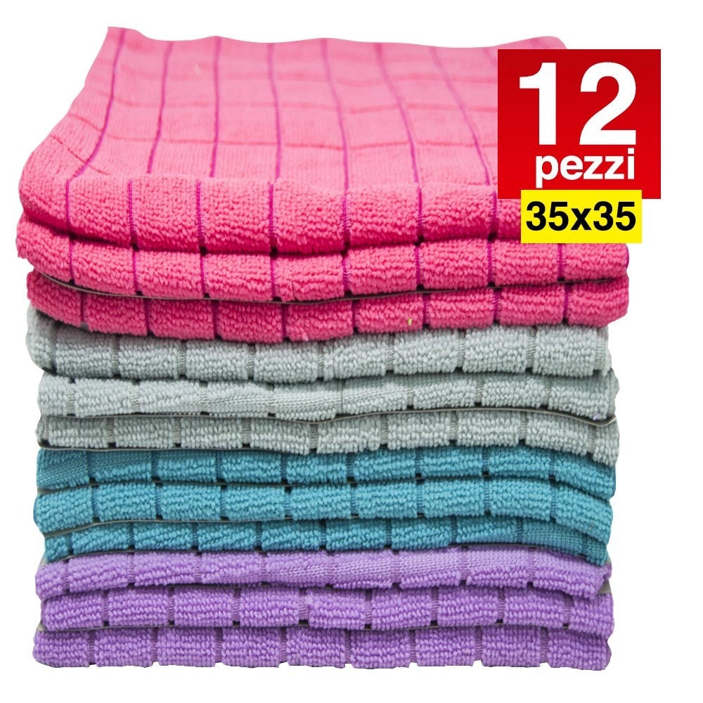 Trade Shop - 12 Panni Microfibra 35x35cm Panno Pulizia Multiuso Lavaggio Auto Asciugamano -