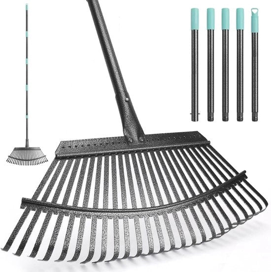 Racchetto per foglie da giardino con 25 denti metallici e manico regolabile da 6FT per raccolta foglie in giardino prato cespugli