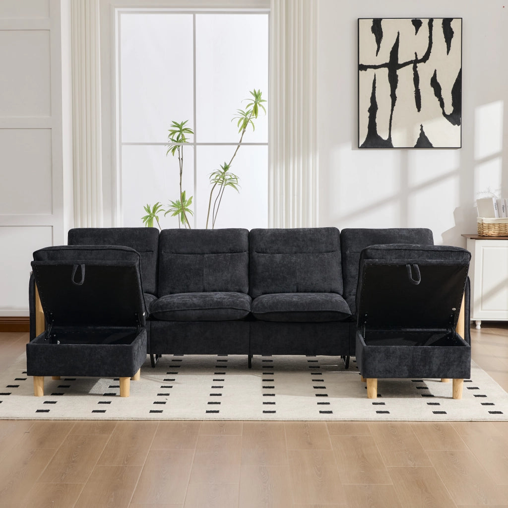 Divano modulare a U con 2 pouf contenitore 4 posti in chenille con gambe in legno nero 261 × 77 × 86 cm