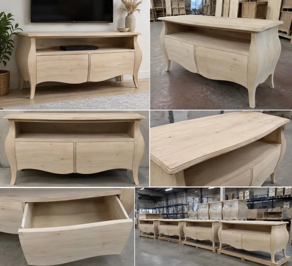 Porta tv  classico in legno bombato 2 cassetti grezzo l.141 p.45 h.62 (3267) - Mobili 2G