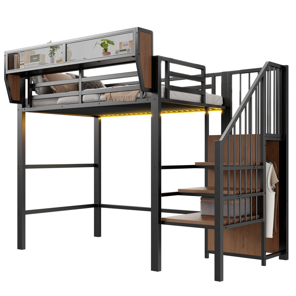 Letto a soppalco in metallo con LED, scala e contenitore, 90x200 cm, nero