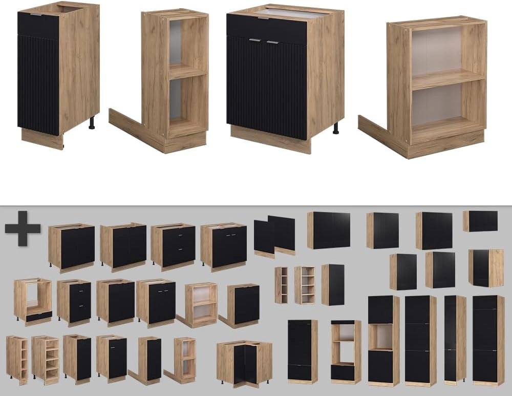 Isola cucina Fame-Line, Nero a righe, 90 cm con cassetto, senza piano di lavoro