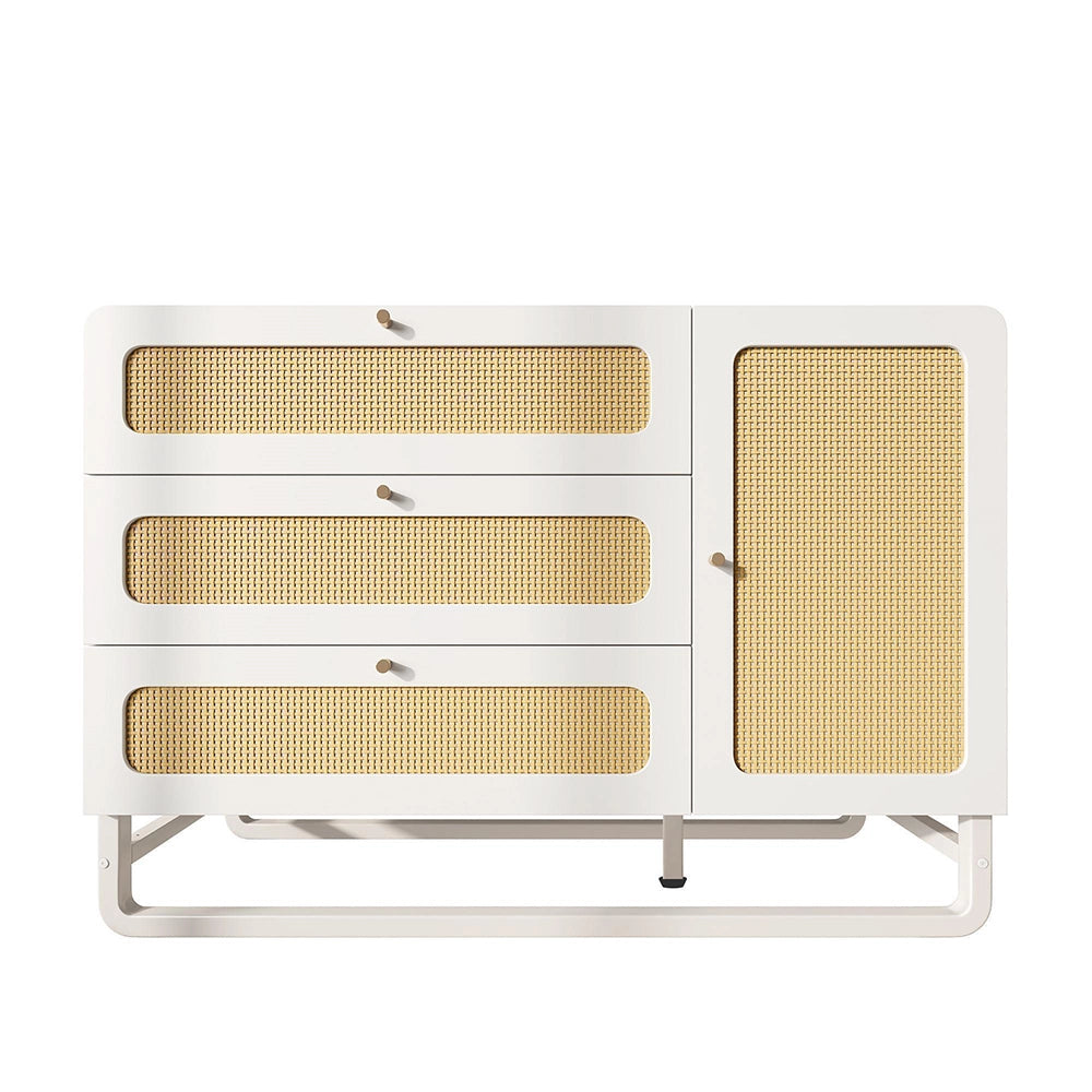 Credenza Stile Cottage 120x85x40cm - Xylo - Bianco con 3 Cassetti e Maniglie Vimini