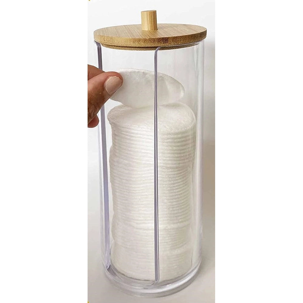 Trade Shop - Dispenser Porta Dischetti Struccanti Trasparente Con Coperchio In Legno 7.5x18.6cm 10824 -