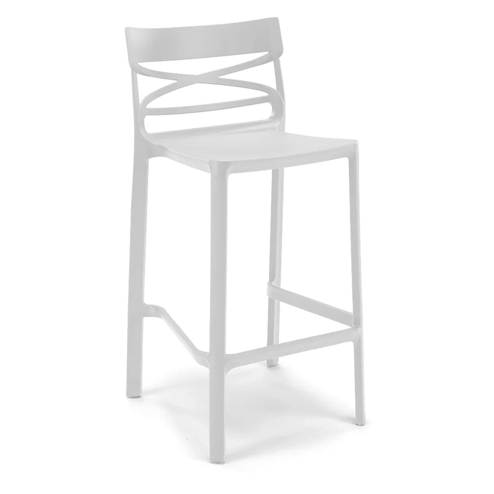 Set 3 Sgabelli Bianchi in polipropilene FLOW con poggiapiedi H65, MADE IN ITALY, resistente ai raggi UV, design moderno, ideale per sala da pranzo, cucina, bar, ristoranti o giardino