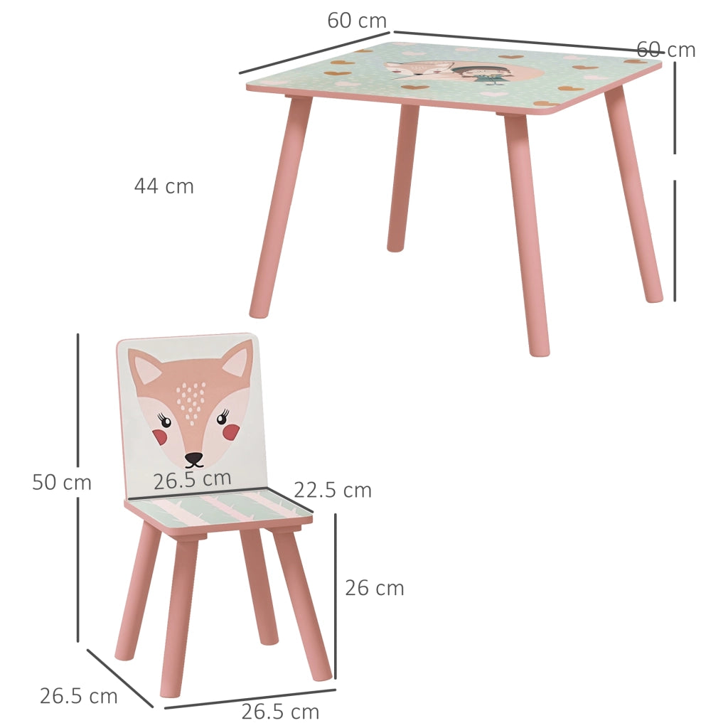 EasyComfort Set Tavolo e Sedie 3 Pezzi per Bambini 3-8 Anni in MDF e Legno di Pino con Disegni di Animali, Rosa