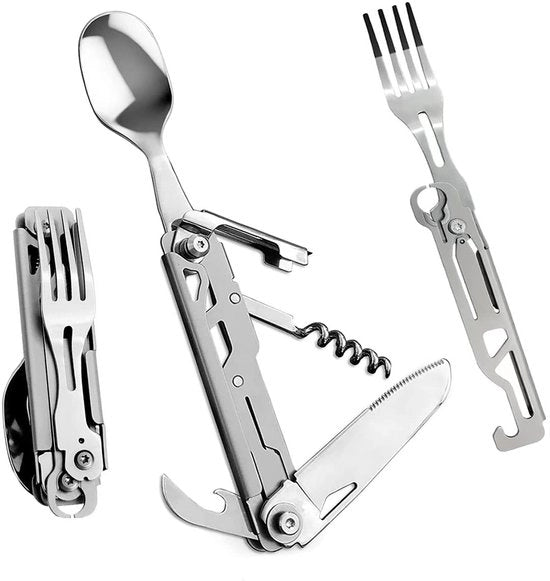 Set di cucito 5-in-1 Portatile - Forchette in acciaio inossidabile - Ripiegabile - Servizio da campeggio - Sacchetto con cordoncino - Peso ridotto 120,5 g - Servizio da campeggio