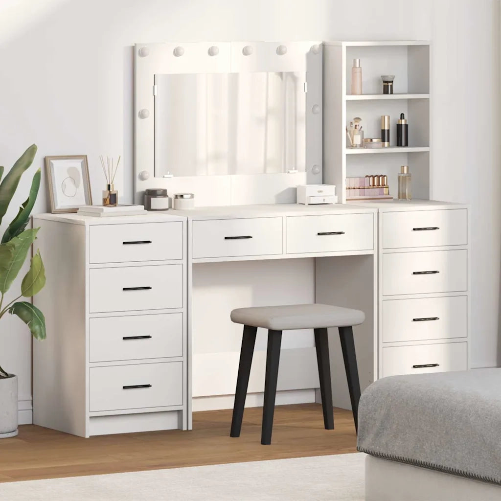 Toeletta | Tavolo da Trucco con cassetto 3 pz Bianco Legno multistrato