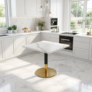 Tavolo da pranzo per 2 persone con piano effetto marmo, base in metallo nero e oro, per cucina, 80 × 60 cm