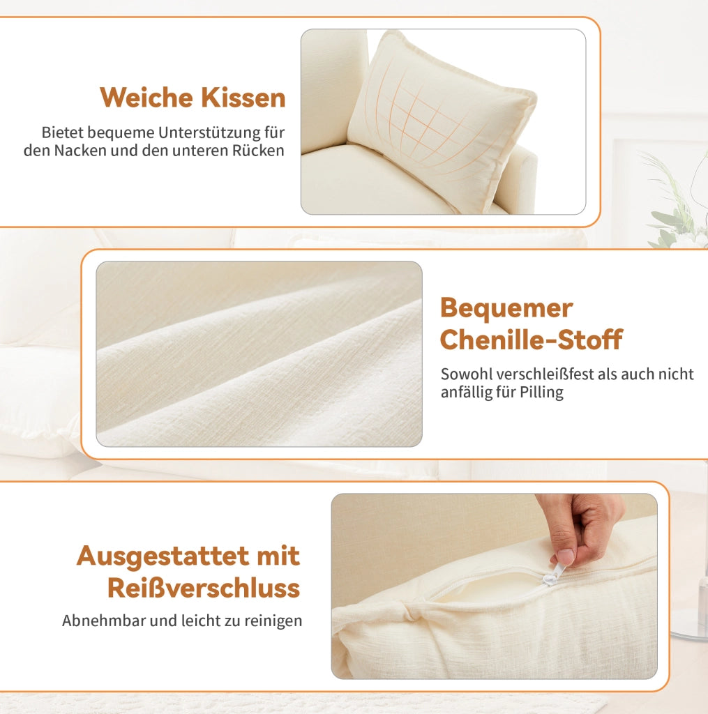 Divano 3 posti in chenille beige con pouf mobile, 283 cm