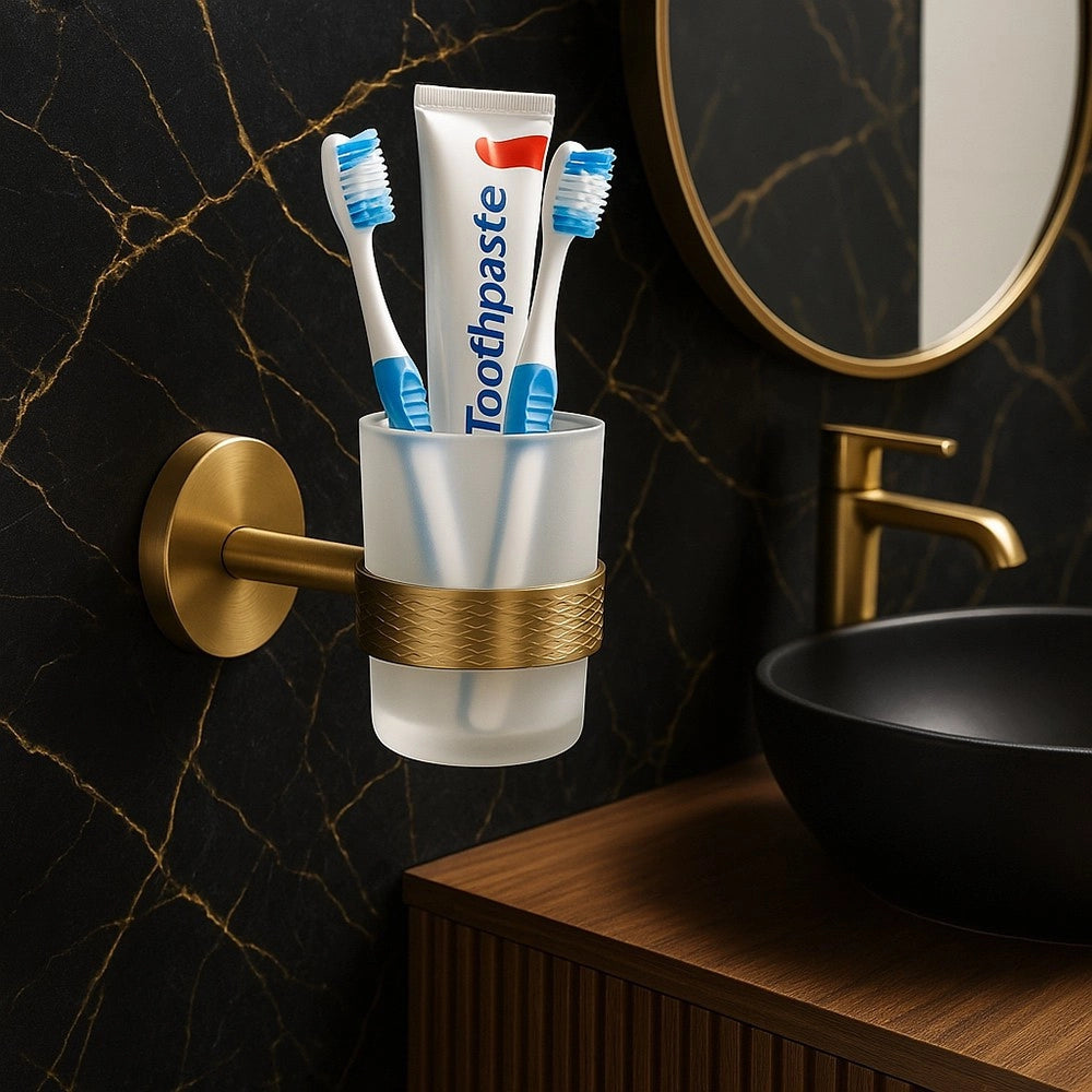 Trade Shop - Porta Spazzolini Da Denti In Acciaio Oro Con Bicchiere Vetro Satinato Bagno 87928 -