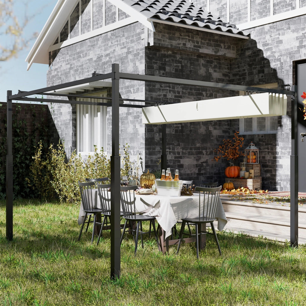 Gazebo Pergola 3x3 m con Tettuccio Retrattile, 8 Viti e 8 Picchetti, in Poliestere 180g e Metallo, Bianco Crema
