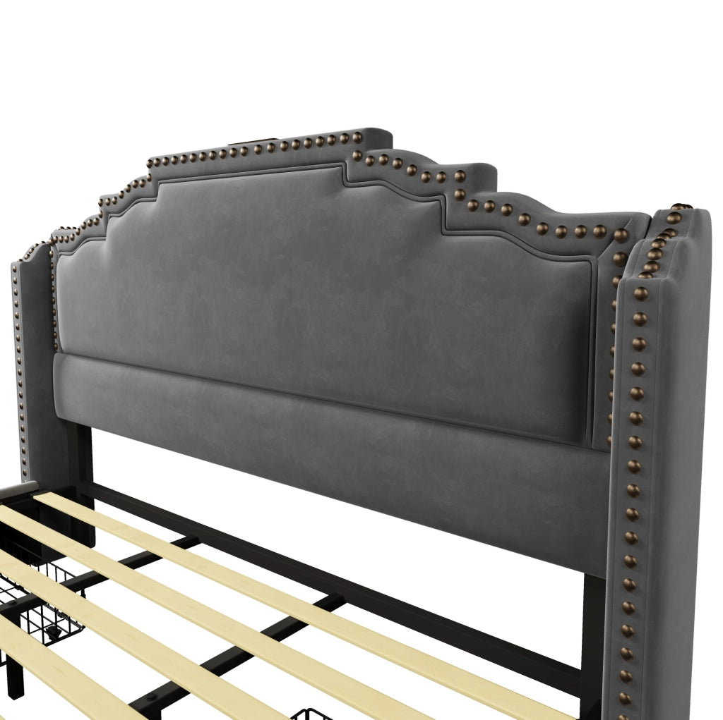 Letto matrimoniale 180x200 cm con 4 cassetti; LED; USB e Type-C; velluto grigio