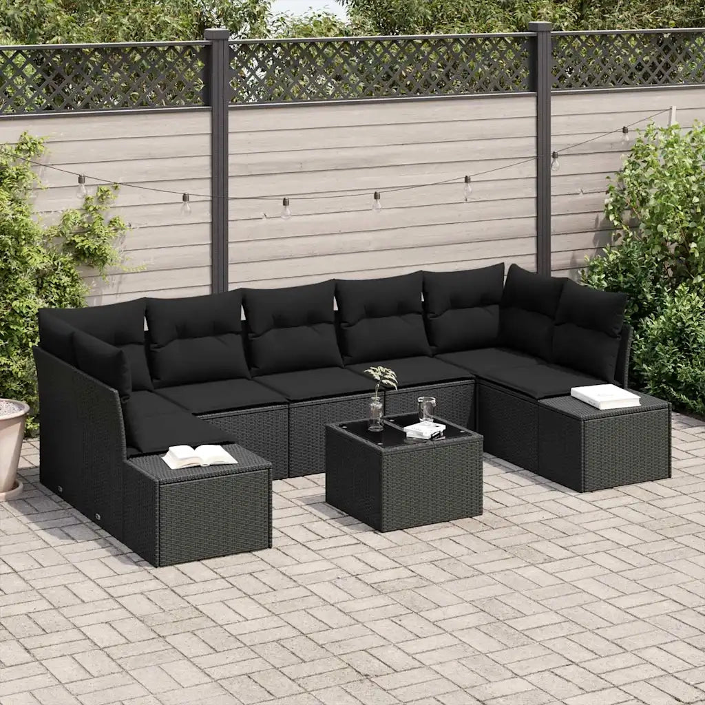 Set Divano da Giardino con cuscino 8 pcs Nero polyrattan