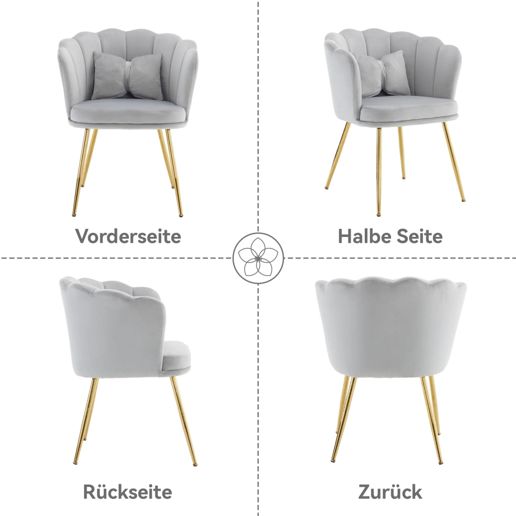 Fauteuil in velluto con schienale a petalo, cuscini e gambe in metallo dorato, grigio set 2 pezzi