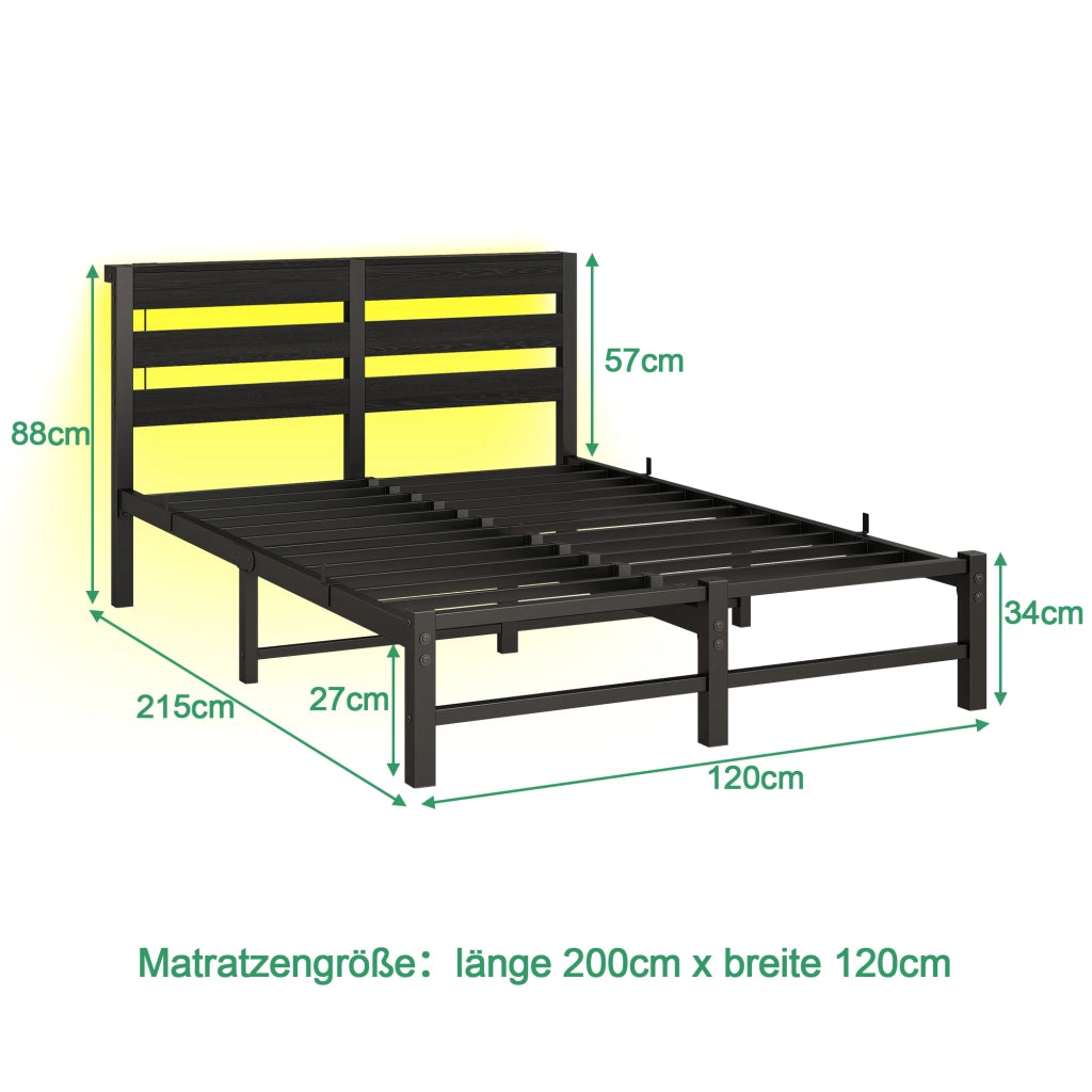 Letto matrimoniale 120x200 cm in metallo con LED RGB, 2 USB e spazio contenitore