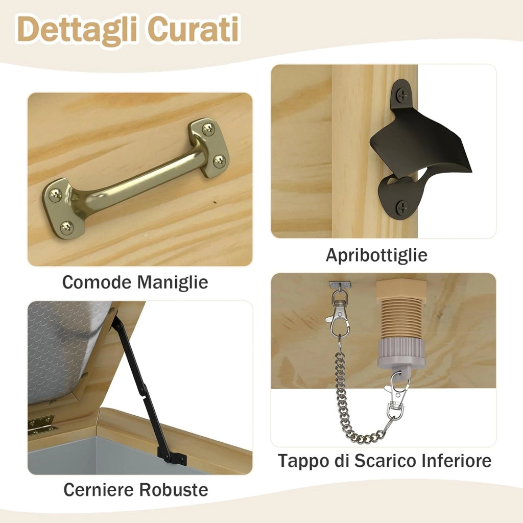 Carrello Porta Ghiaccio su Ruote 67 x 47 x 74 cm, Carrello Refrigerante da 51 L con 3 Maniglie e Apribottiglie, Frigorifero Portavivande da Esterno con Tappo di Drenaggio per Giardino