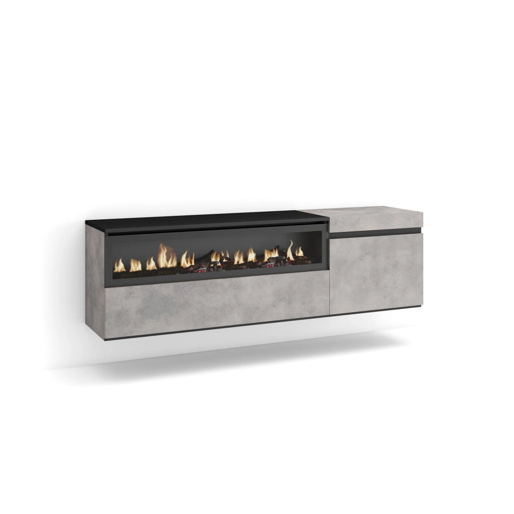 Mobile TV Soggiorno, 150x35x45cm, Per TV fino a 65", Camino elettrico, da appendere, grigio cemento RF2468