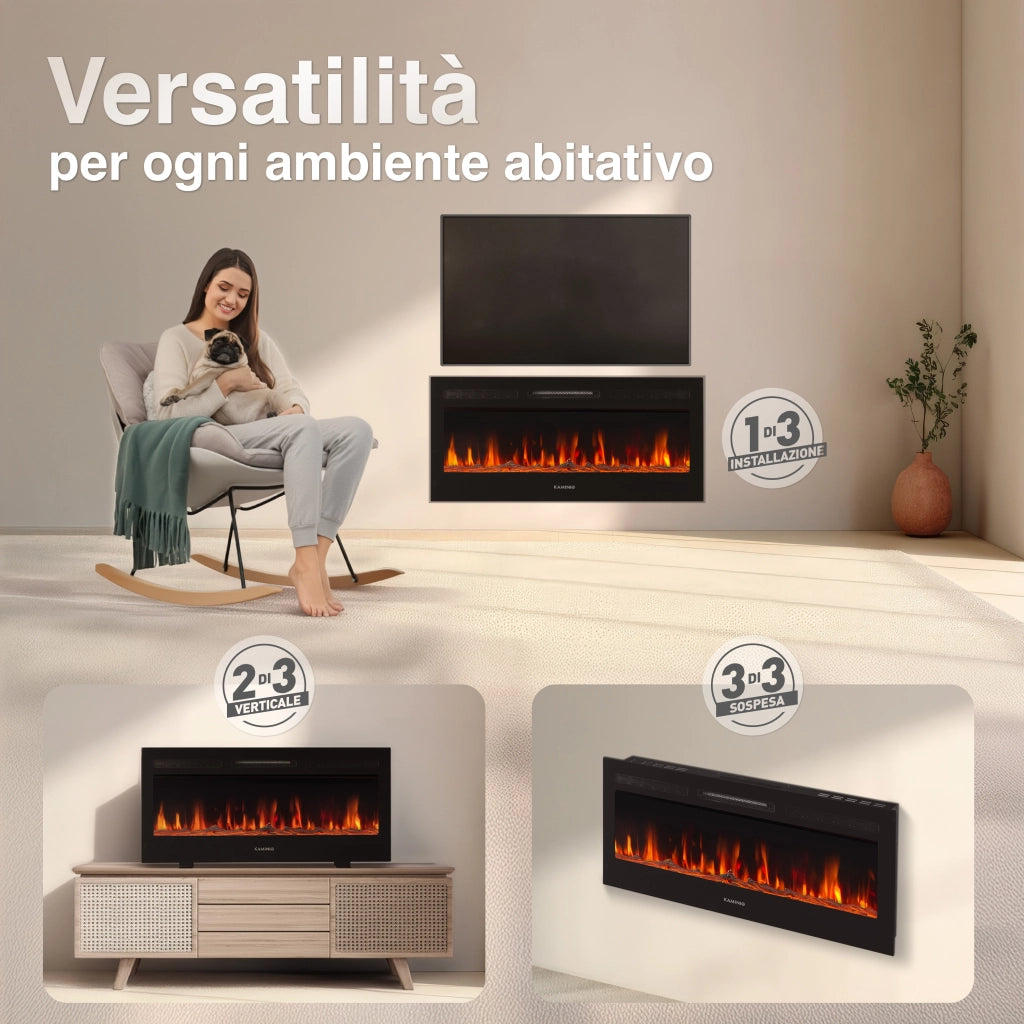 KAMINIO Camino elettrico MARLON - Camino elettrico 3 in 1 con riscaldatore, effetto fiamma 3D, 12 colori di fiamma, telecomando - 42 pollici