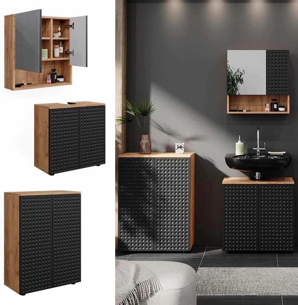 Set mobili bagno Irma, Antracite puntinato, 3 parti, con unità di base 60 cm, composto da mobile sottolavabo, specchiera e mobile medio