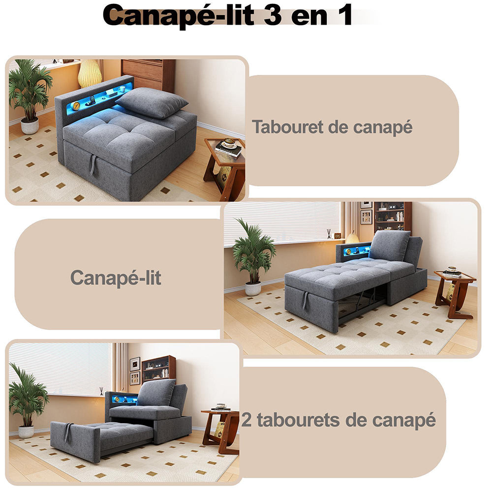 Divano letto 3 in 1 multifunzione - Xylo - tessuto lino, schienale regolabile, braccioli con LED e USB/Type-C