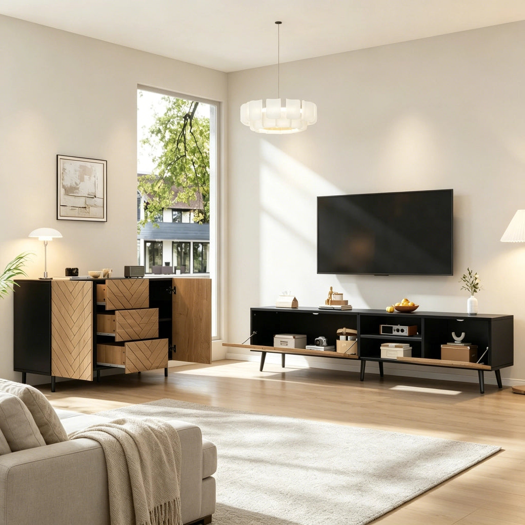 Cassettiera per TV Natural; in truciolato con finitura legno; 180 x cm