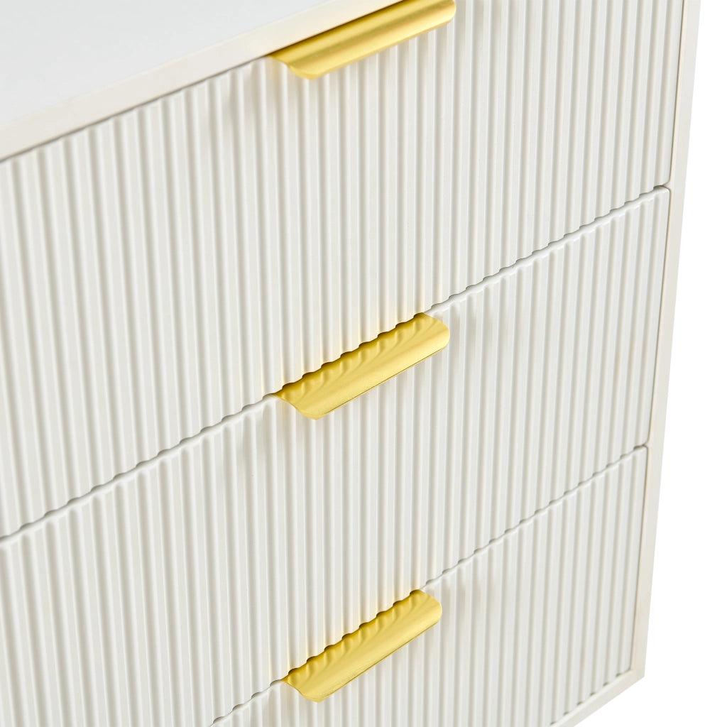 Comò con 3 cassetti in MDF bianco con dettagli dorati e gambe in metallo per camera da letto e ingresso 80 × 40 × 72 cm