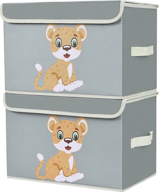 2 set di cassetti per bambino con coperchio, grande cassettiera per giocattoli, cassettiera con maniglie, scatola pieghevole per la camera dei bambini, libri, abbigliamento, giocattoli (grigio leopardo)
