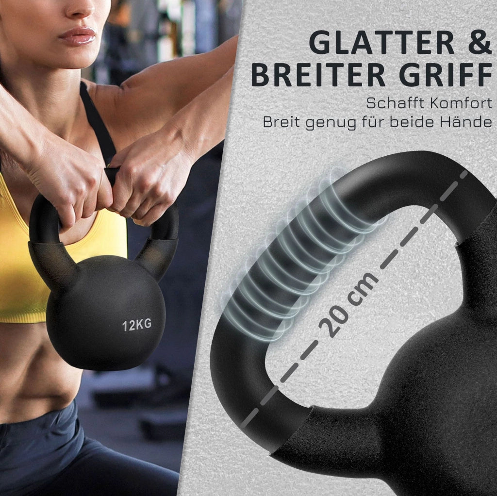 Kettlebell in ghisa da 12 kg con rivestimento in neoprene, manico largo, protezione del pavimento, colore nero