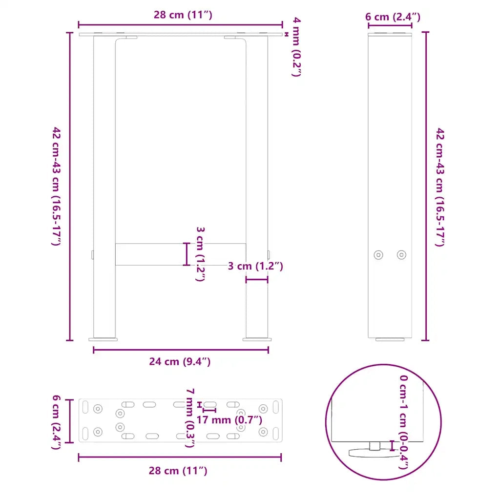 vidaXL Gambe per Tavolino da Caffè Nere 2 pz 28x(42-43) cm Acciaio