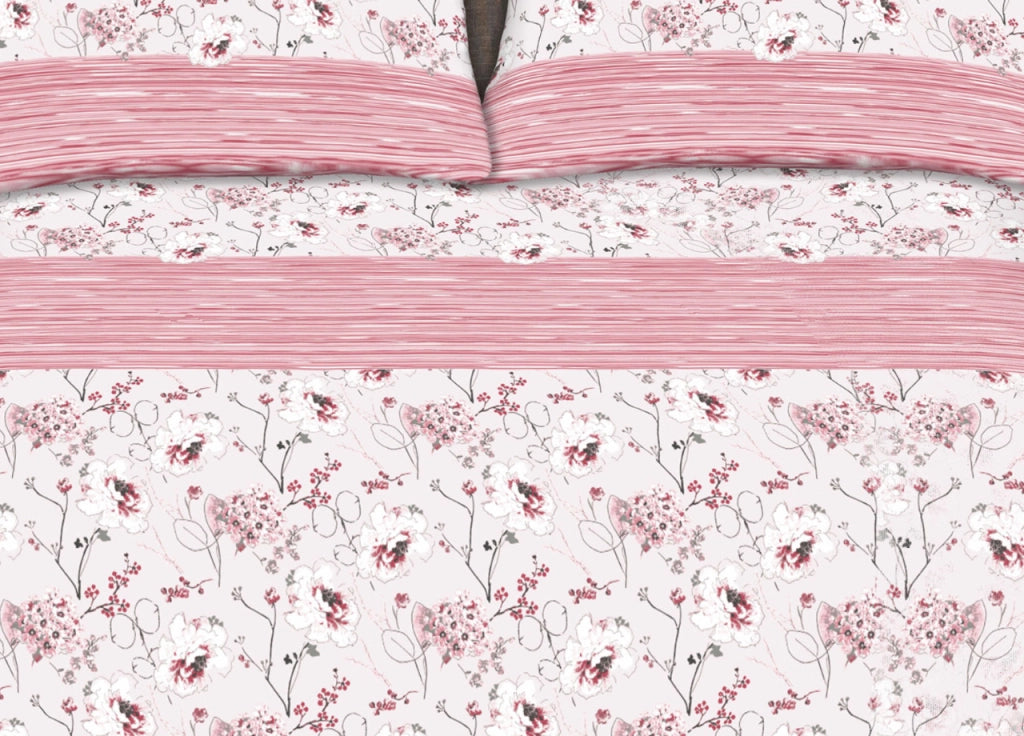 Completo Lenzuola Stiro Facile 100% Cotone Made Italy Effetto Seta Bouquet - Matrimoniale - Rosa