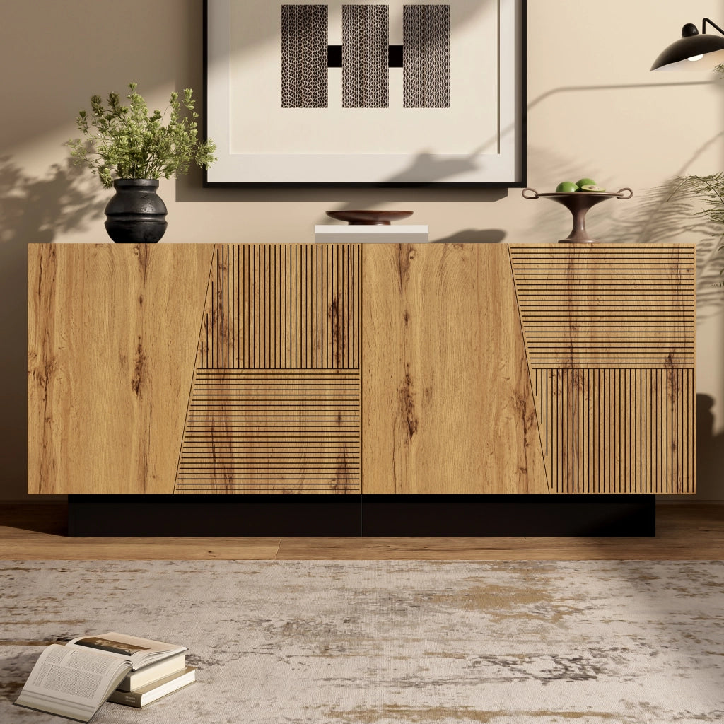 Credenza con 3 Ante e Ripiano Regolabile; Design Geometrico Moderno; in Pannello Truciolare; Nero e Legno; 160??40??72 cm