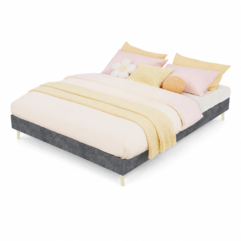 Letto moderno minimalista 140x200 cm in velluto olandese grigio, struttura piattaforma bassa, stile contemporaneo