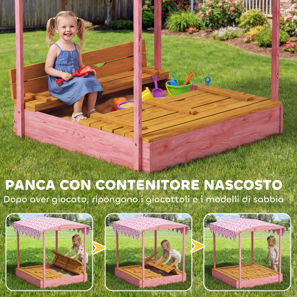 Sabbiera per Bambini 3-6 Anni 134,5x127,5x130 cm con Tettuccio Fenicotteri Sedute Pieghevoli Coperchio e Fodera in Legno