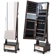 Armadio portagioie con ruote luci LED specchietto trucco ripiano pieghevole, Armadietto portagioie alto 159cm Marrone-Armadietti per gioielli