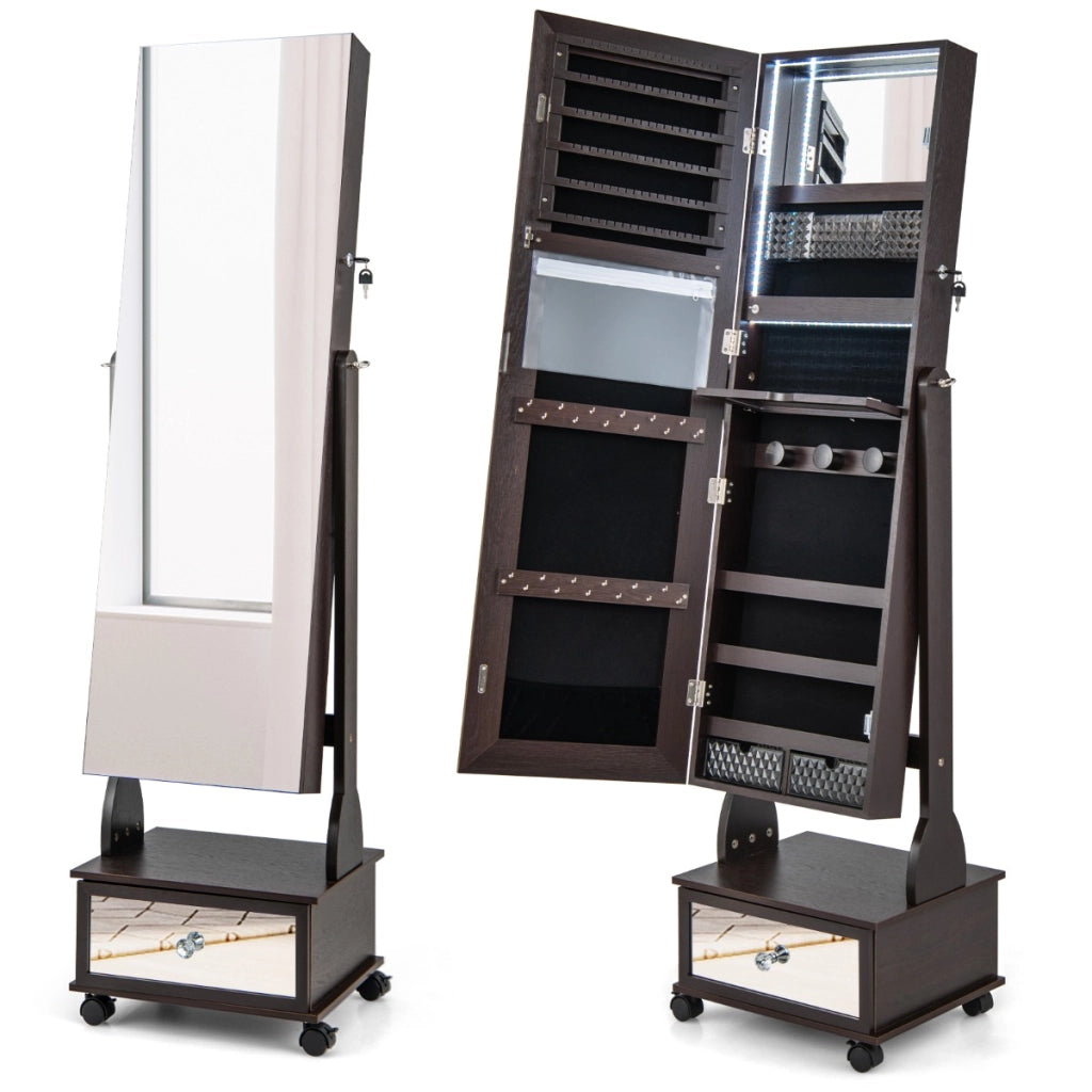 Armadio portagioie con ruote luci LED specchietto trucco ripiano pieghevole, Armadietto portagioie alto 159cm Marrone-Armadietti per gioielli
