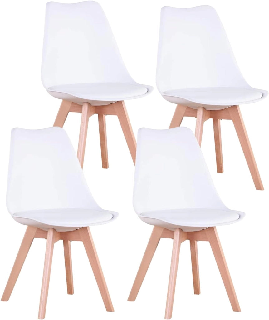 GrandCA HOME Set di 4 Sedie da Pranzo con Gamba in Faggio Massello, Design Retrò, Sedia Imbottita, Sedia da Cucina, in Legno,Bianco