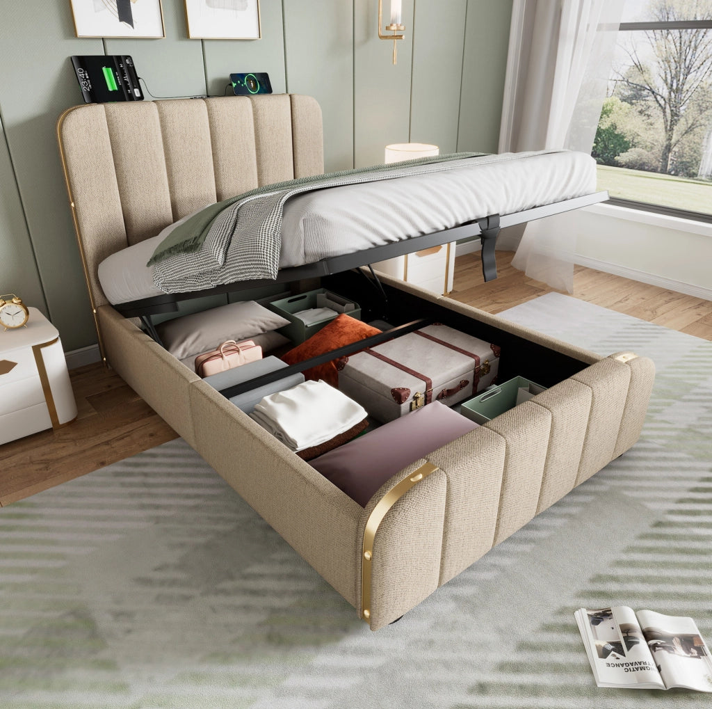 Letto singolo contenitore 90x200 cm con USB C e USB; testiera imbottita in lino beige
