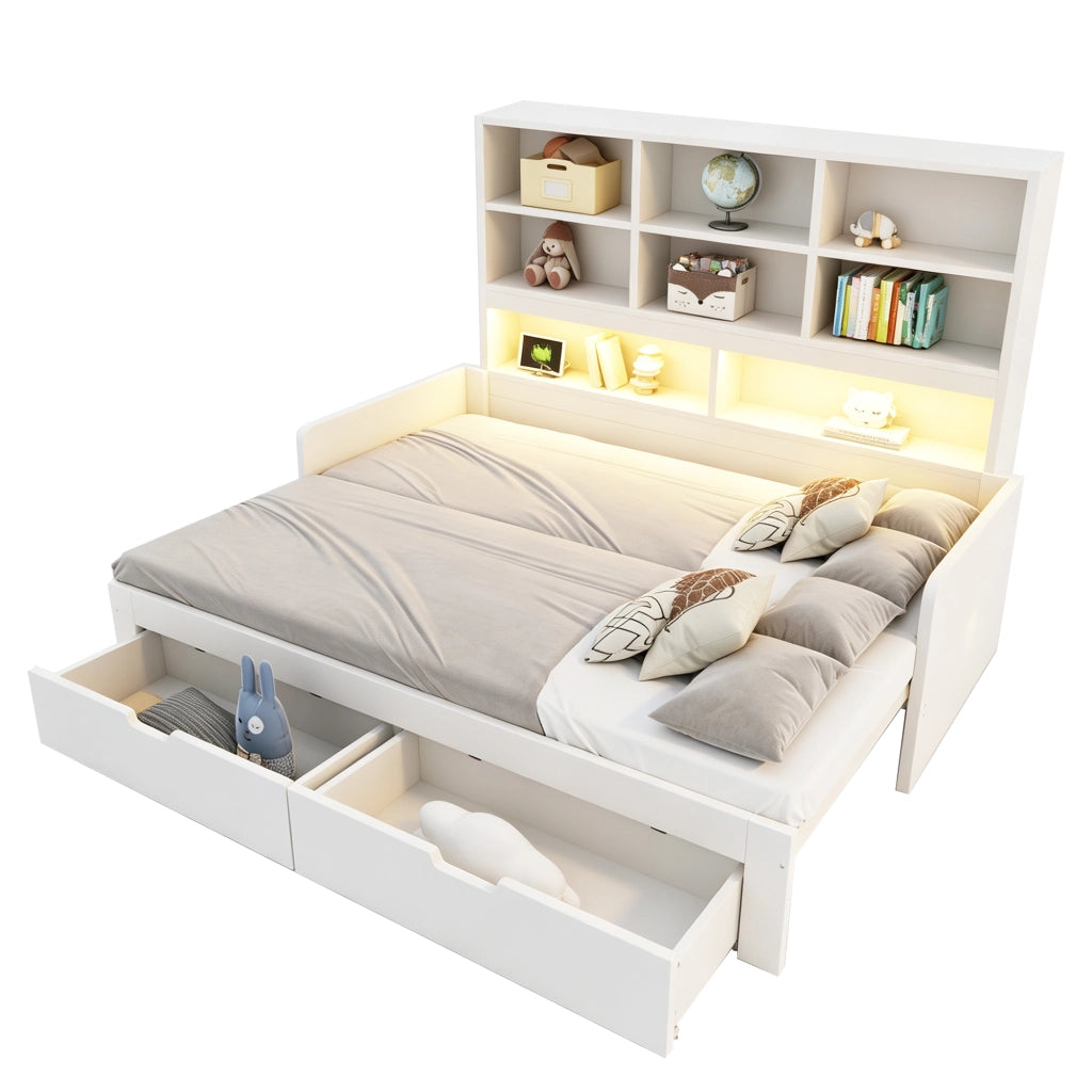 Letto divano estensibile 90x200/180x200 cm con LED; USB; cassetti e ripiani aperti; legno bianco