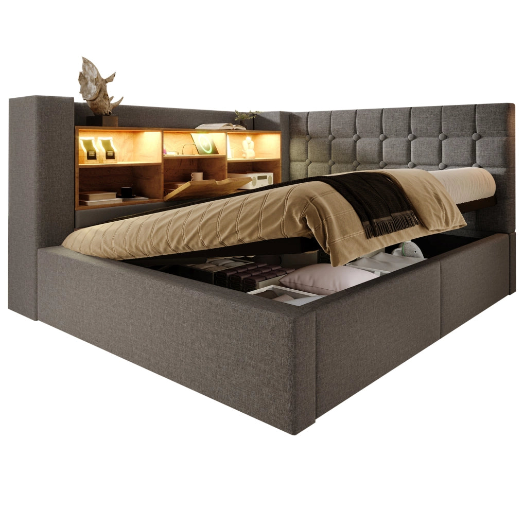 Letto matrimoniale 140x190 cm in tessuto grigio con LED; USB e contenitore idraulico
