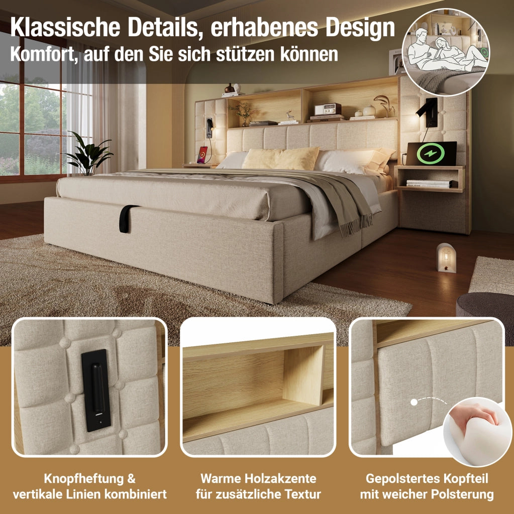 Letto imbottito beige 180x200 con luci lettura e vano contenitore