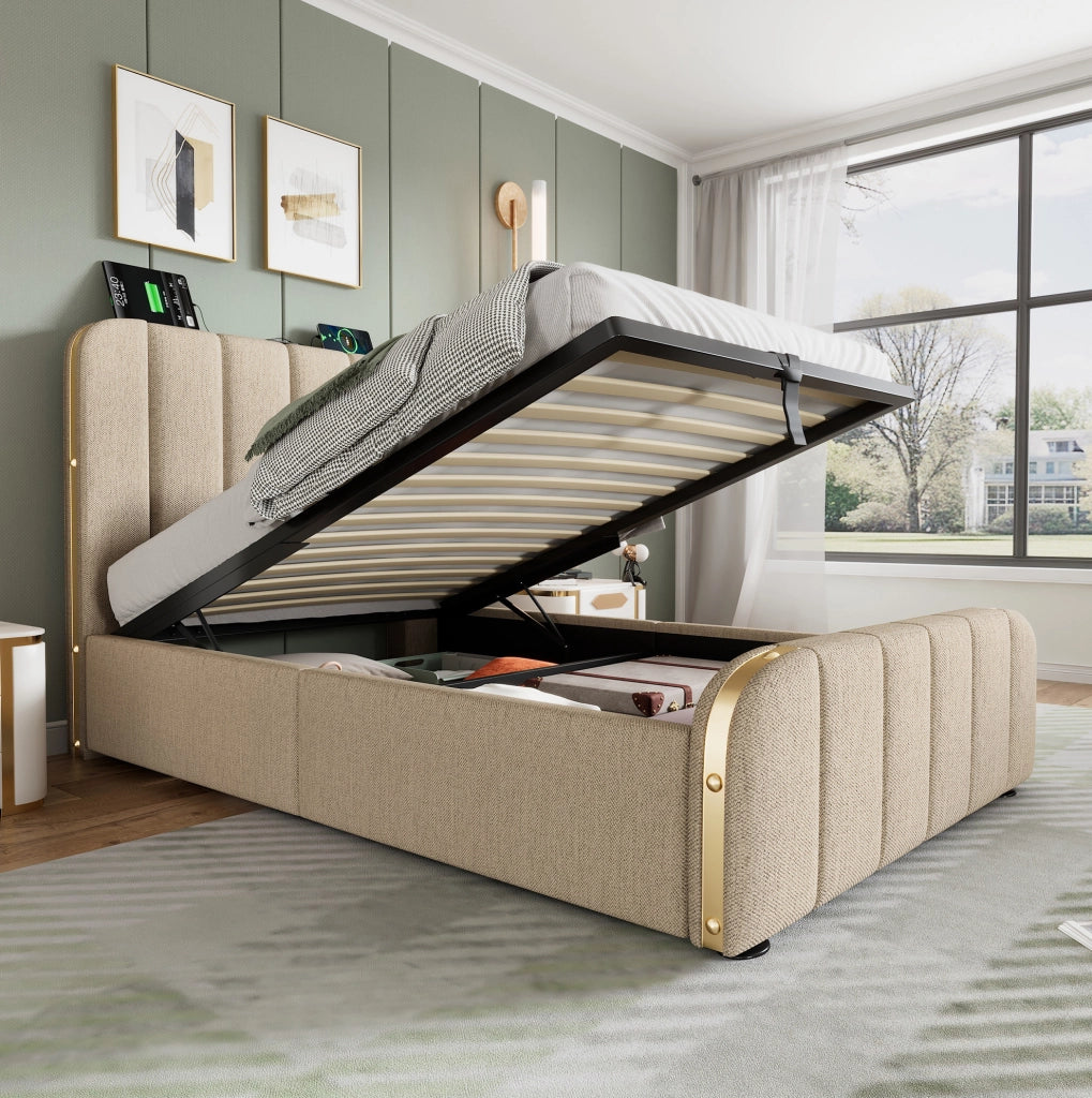 Letto singolo imbottito ULEVR 90x200 cm con vano contenitore idraulico, USB e Type-C, lino beige
