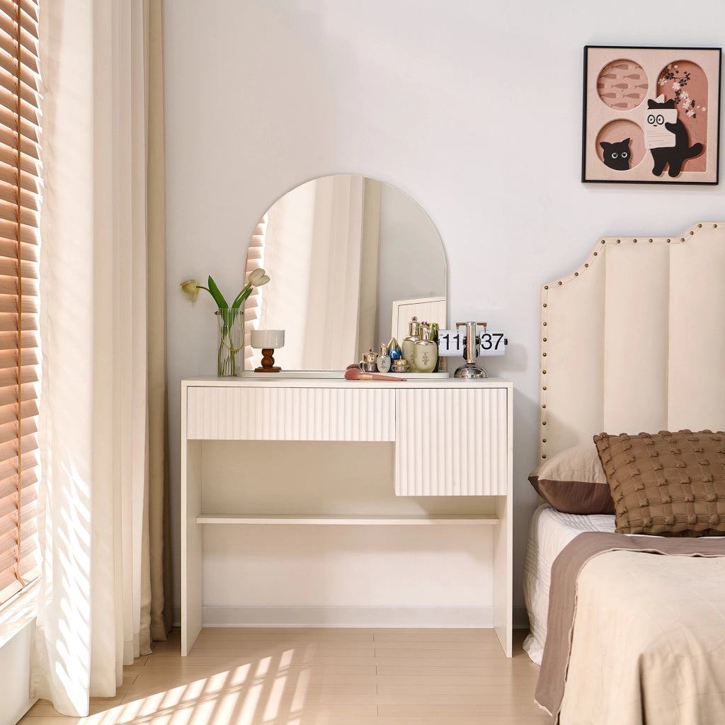 SCHMINKTISCH con specchio curvo, 2 cassetti, MDF bianco