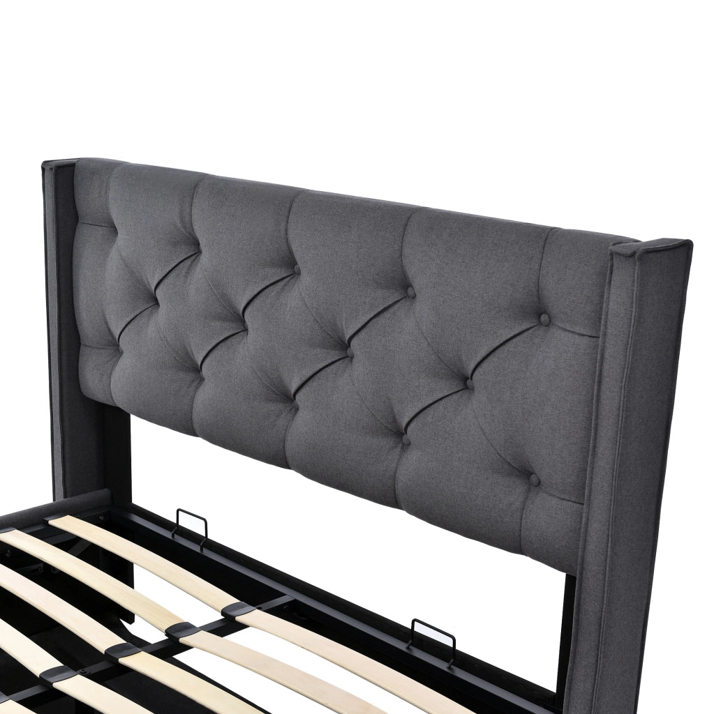 Letto matrimoniale imbottito 160x200 cm con contenitore e rete sollevabile; grigio