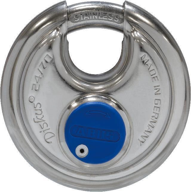 ABUS 02050 Diskus Lucchetto a Disco in Acciaio Inossidabile Livello di Sicurezza 8 2 Chiavi incluse colore Argento Blu