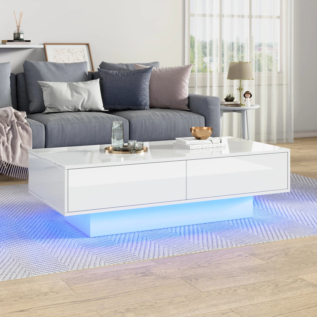 Tavolino da salotto moderno bianco lucido 115 x 55 x 34 cm con 2 cassetti, illuminazione LED e portata 30 kg