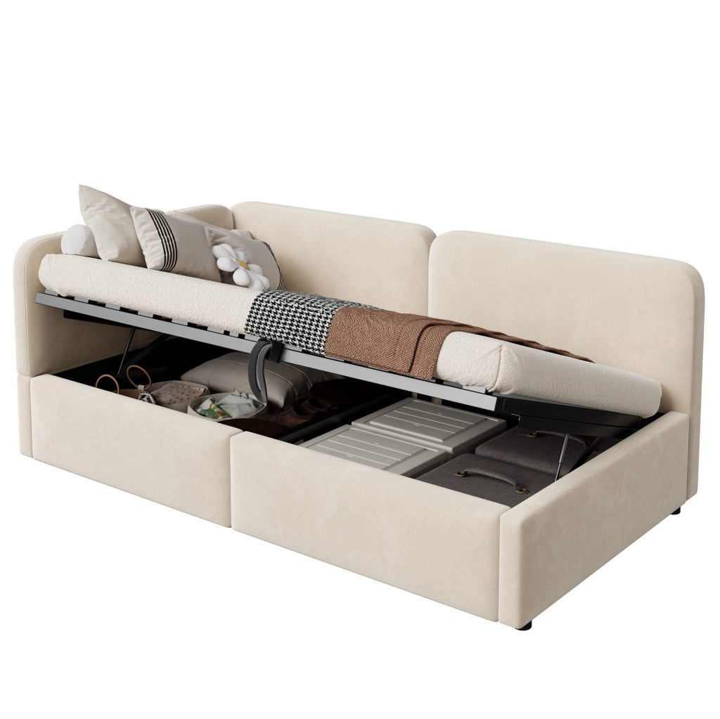Letto singolo imbottito 90x200 cm in velluto beige con vano contenitore idraulico