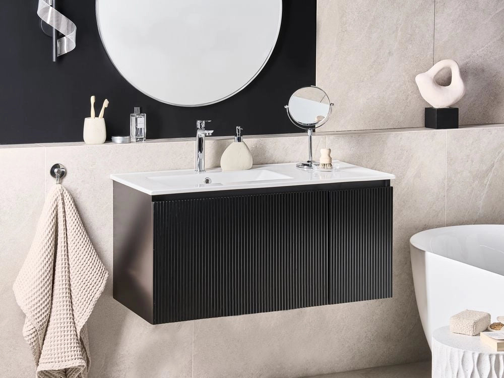 Mobiletto da parete con lavabo in legno massiccio per il bagno con contenitore 100 cm Nero design moderno