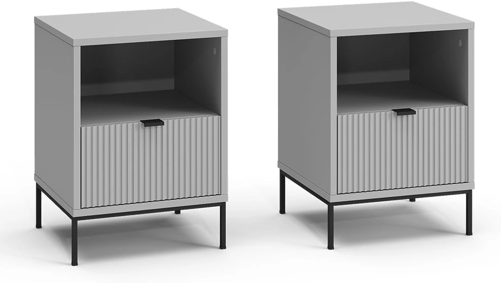 Comodino Eliza, Grigio, Set di 2, utilizzabile come superficie d'appoggio accanto al letto o al divano