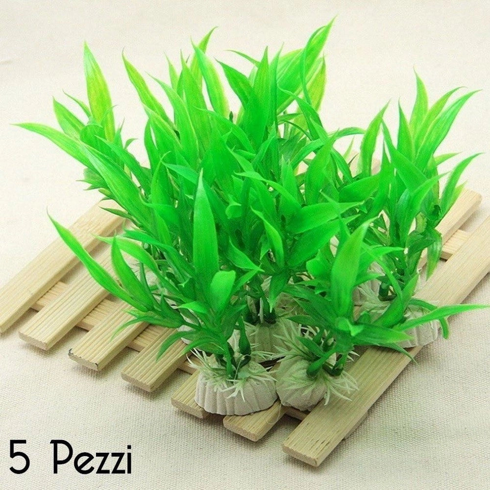 Trade Shop - Set 5 Pianta 12 Cm Piantina Artificiale Per Acquario Piante Finte Plastica Verde -